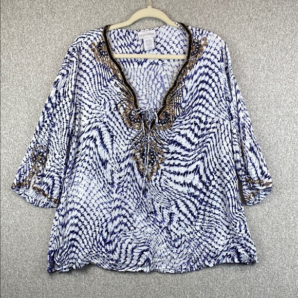 Soft Surroundings tunic abstract print beaded neckline PXL beachy coastal swim - Picture 2 of 9